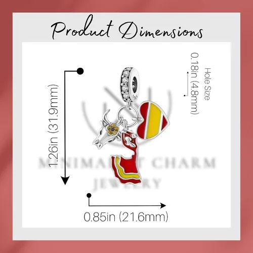 Vista 3 de Encanto de la bandera de España para pulsera, encanto de plata esterlina, encanto del país, encanto del toro, encanto de España, encanto del regalo