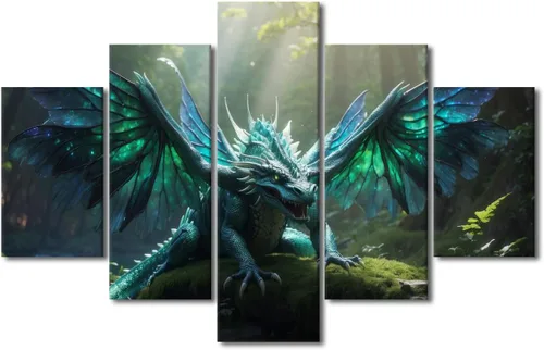 Vista 57 de Lienzo decorativo para pared de sala de estar, lienzo de dragón, 5 paneles, dragón verde, decoración de pared para el hogar, decoración de pared