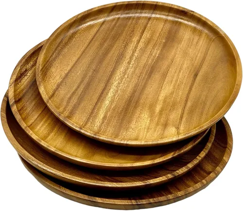 Vista 12 de Juego de 4 platos de madera de acacia, redondos de 6 pulgadas, postre de madera maciza de 1 pulgada de grosor, platos laterales y aperitivos