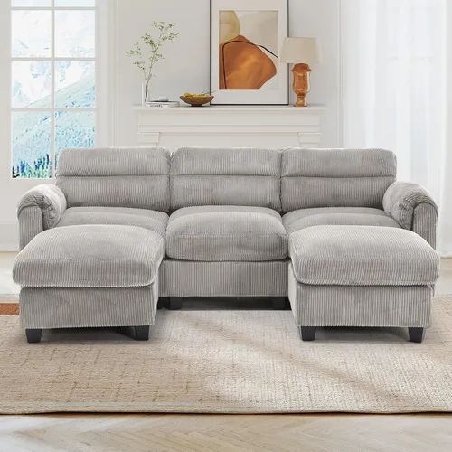 Vista 16 de HAOMARKETS Sofá esquinero modular en forma de L de 115 pulgadas con 2 otomanas móviles, sofás de pana de 8 plazas con cojín grueso para sala de Beige