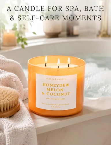 Vista 7 de Honeydew - Vela perfumada de soja grande de 3 mechas de melón y coco para el hogar, 15.8 onzas Fresh Melon Home Fragrance, Juicy And Creamy Scent