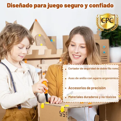 Vista 7 de Juego de herramientas de construcción de cartón para niños con taladro eléctrico y cinturón de herramientas, 258 piezas, kit de construcción STEM
