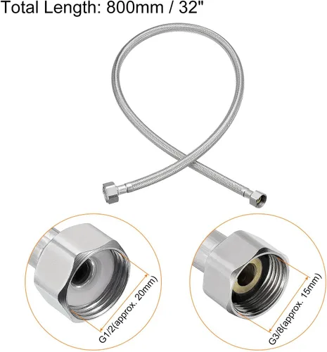 Vista 2 de uxcell Conector de línea de suministro de grifo de 32 pulgadas, rosca de compresión hembra G 3/8 x G 1/2 rosca recta hembra manguera de suministro