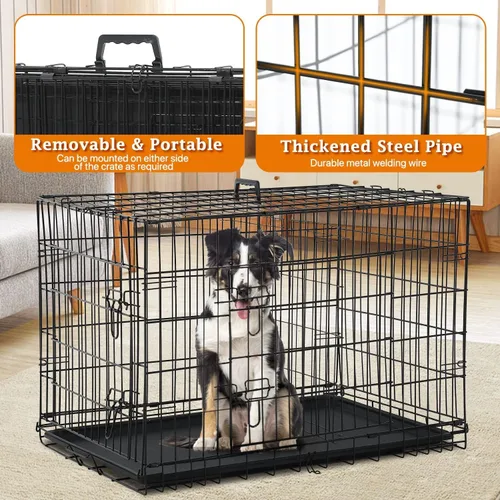 Vista 6 de Jaula para perros extra grande de 48 pulgadas, diseño de doble puerta a prueba de fugas con panel divisor, plegable con bandeja extraíble, uso