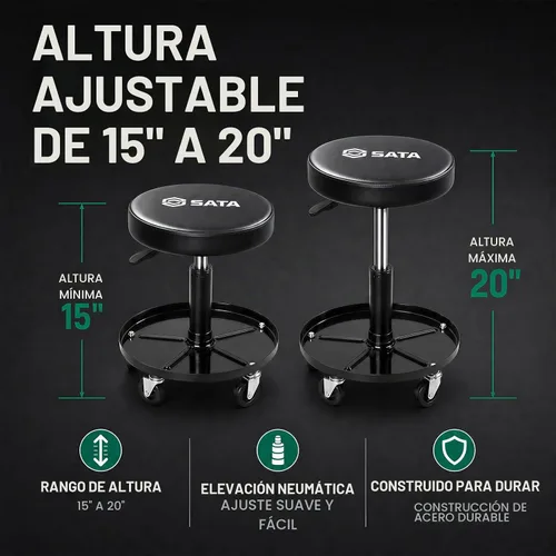 Vista 2 de SATA Taburete ajustable con ruedas, silla mecánica resistente de 300 libras de capacidad, taburete de garaje rodante para trabajo sentado, asiento