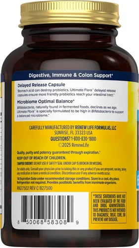 Vista 3 de Renew Life Ultimate Flora Probiotics for Men 65 mil millones de UFC Cápsulas veganas de liberación retardada Salud digestiva Salud inmunológica