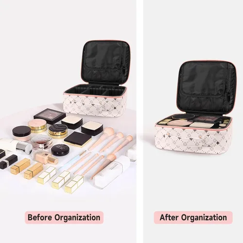 Vista 4 de Bolsa de maquillaje de viaje, organizador de cosméticos impermeable, divisores ajustables, estuche de tren de cosméticos portátil, organizador