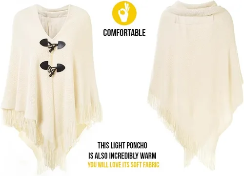 Vista 3 de Ferand Poncho de ajuste holgado para mujer con elegantes botones de cuerno, cuello en V y dobladillo en V