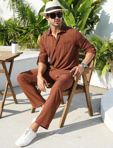 Vista 3 de HANXMEN Conjunto de lino de 2 piezas para hombre, camisa cubana con botones y manga larga, pantalones sueltos casuales, playa, vacaciones, yoga