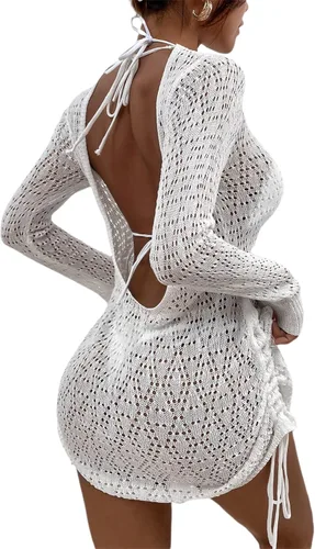 Vista 2 de SheIn Vestido de manga larga con cordón y espalda descubierta, para mujer