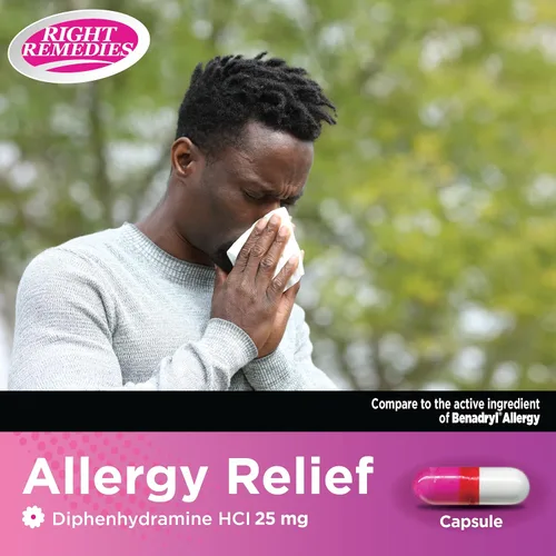 Vista 3 de RIGHT REMEDIES Cápsulas para aliviar la alergia, antihistamínico, difenhidramina HCL 25 mg, alivia las alergias estacionales en interiores