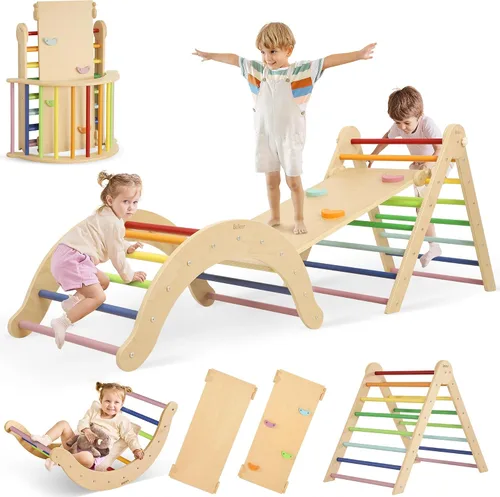 Vista 7 de Belleur Juguetes de Escalada 7 en 1 para Niños Pequeños de 1-3 Años, Set de Triángulo Pikler de Madera Plegable para Interiores, Set de Escalada