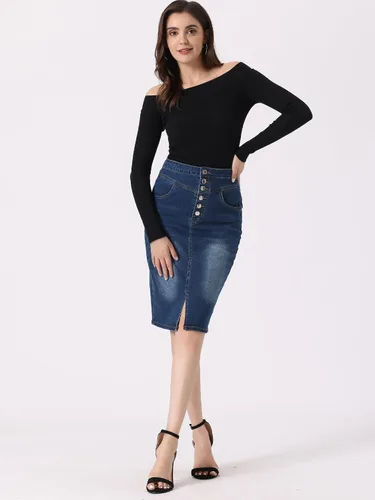 Vista 2 de Allegra K Faldas de mezclilla para mujer, con abertura, casual, de cintura alta, entallada, falda de tubo