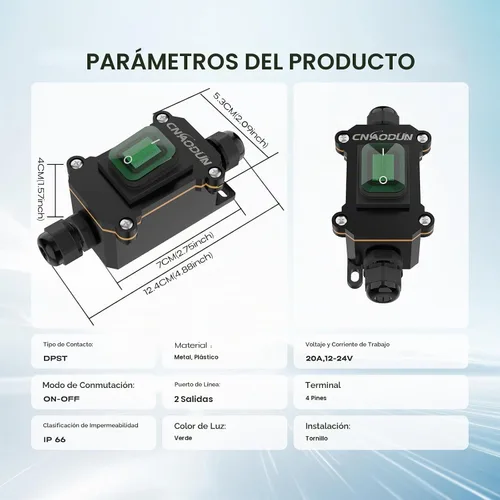 Vista 2 de Interruptor de línea impermeable, CNAODUN 12V DC 20A interruptor de palanca de encendido/apagado con botón basculante de luz verde DPST doble salida