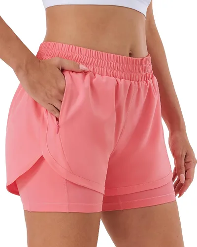 Vista 11 de Stelle Pantalones cortos de correr 2 en 1 para mujer, pantalones cortos deportivos de cintura alta, pantalones cortos de entrenamiento con forro