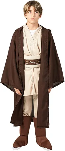 Vista 4 de HANERREAL Disfraz de Jedi para niños OBI Wan Kenobi con capucha y cinturón disfraz de Halloween para cosplay