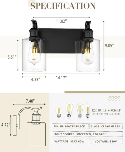 Vista 2 de Lámpara de baño negra de 2 luces sobre el espejo, luz de tocador moderna, aplique de pared de vidrio transparente, VL01BK-2 Cristal negro