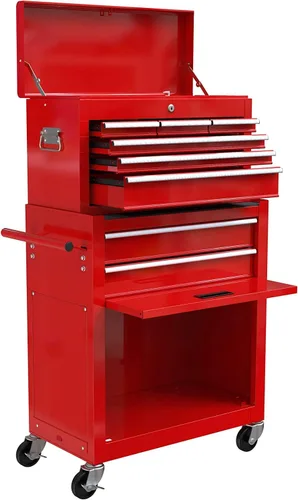 Vista 9 de Carro de herramientas rodante de 4 cajones, caja de herramientas con ruedas y parte superior de madera, carrito de almacenamiento de herramientas