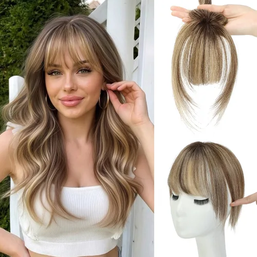 Vista 8 de Ms Taj Flequillo de cobertura de 360° de cabello humano real, extensiones de cabello con clip de aspecto natural para mujer, flequillo falso