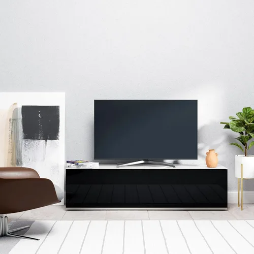 Vista 10 de SONOROUS ST-160 - Soporte de TV premium con cubierta de vidrio negro y madera blanca, centro de entretenimiento de lujo y consola multimedia