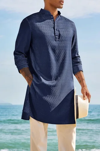 Vista 2 de Runcati Camisa Henley con textura Kurta Thobe para hombre Azul marino