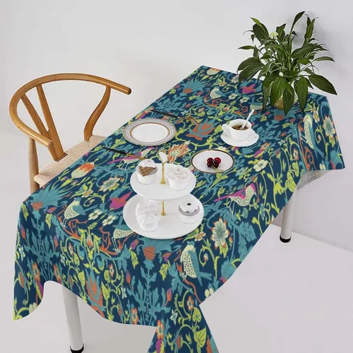 Vista 361 de Mantel Floral Retro de Pájaros, Diseño Original Bohemio William Morris Estampado Cubierta de Mesa para Hogar Picnic Fiesta Comedor Cocina William