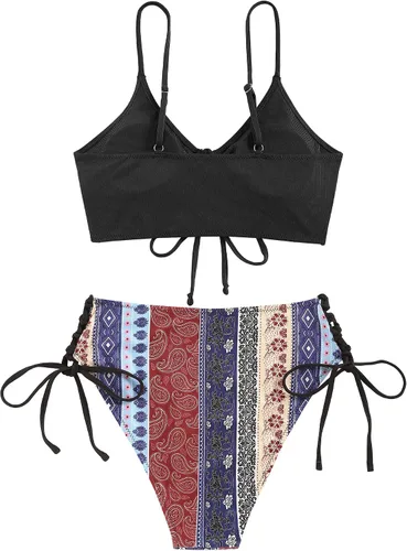 Vista 2 de ZAFUL Conjunto de bikini con cuello en V para mujer, fruncido con lazo frontal, cintura alta, estampado floral, acanalado, traje de baño de 2 piezas