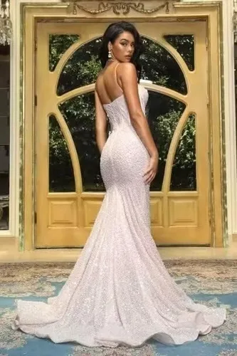 Vista 4 de Vestidos de fiesta de sirena con lentejuelas para mujer, con tirantes delgados, brillantes, largos, formales, para fiesta de noche