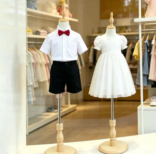 Vista 7 de Maniquí infantil para exhibición de ropa, torso de maniquí ajustable para niños con base de madera, 2-3 años 15" - 28" Height Adjustable, Beige