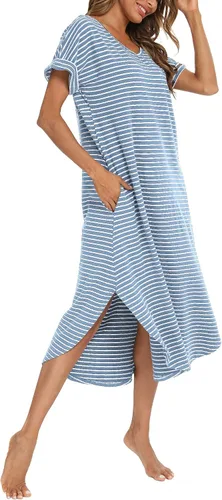 Vista 3 de AVIIER Camisón largo de algodón con cuello en V para mujer, ropa de dormir de manga corta