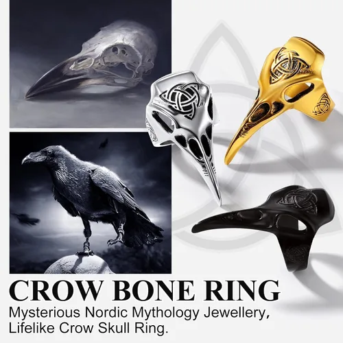 Vista 3 de Richsteel Anillo de acero inoxidable con calavera de cuervo vikingo vikingo para hombres y mujeres, joyería gótica de protección nórdica