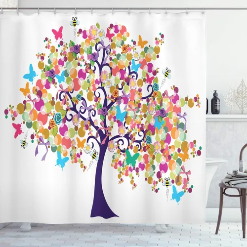 Vista 115 de Ambesonne Decor Collection, juego de cortina con ganchos para regadera Amarillo y marrón