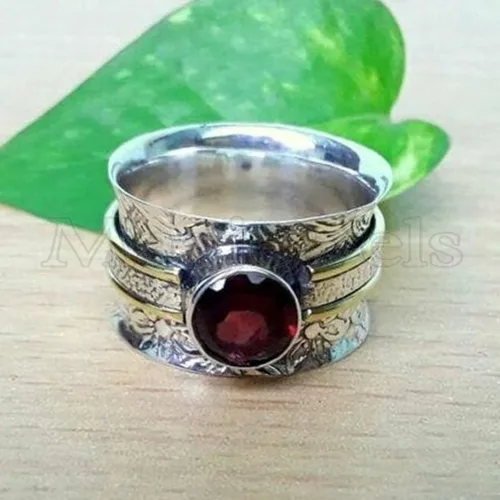 Vista 3 de Gemstone Spinner Ring for Women, 925 Sterling Silver Boho Meditation Band with Amethyst, Moonstone, Opal, Garnet, Gift for Her