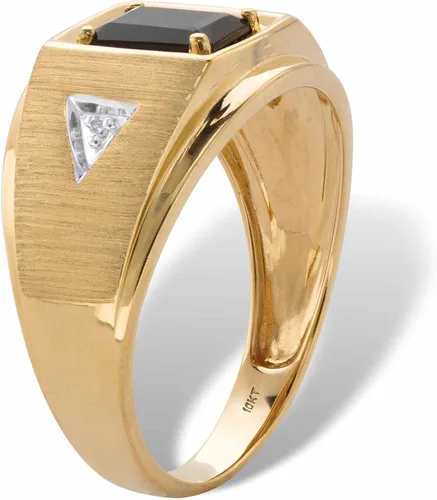 Vista 2 de Anillo de oro amarillo de 10 quilates para hombre, corte esmeralda, ónix negro natural y diamantes
