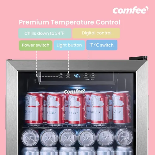 Vista 3 de COMFEE' CRV48S3AST - Enfriador de bebidas, refrigerador de bebidas de 48 latas, control digital de temperatura, puerta de vidrio con marco de acero