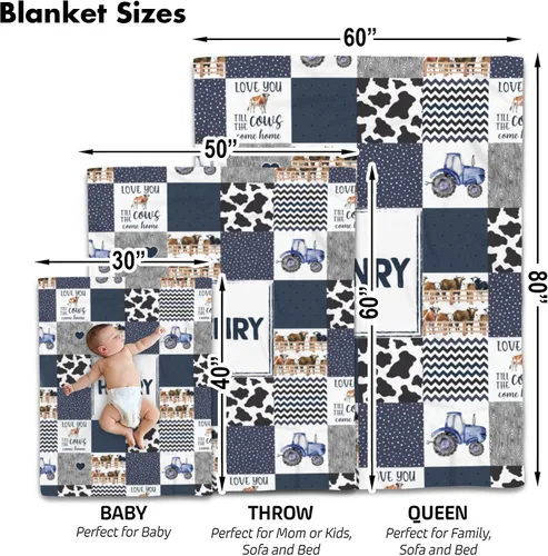 Vista 2 de Manta de bebé personalizada con estampado de vaca, manta de sherpa azul con nombre, diseño de animales de granja