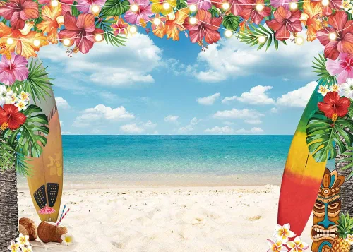 Vista 2 de Fondo de playa hawaiana para verano, cielo, océano, palmera tropical, tabla de surf, fondo de fotografía, baby shower, decoración de fiesta
