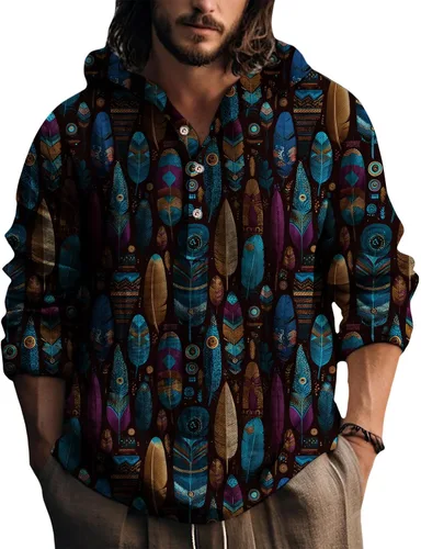 Vista 4 de Sudadera con capucha para hombre, con estampado de plumas, manga larga, 3 botones, a la moda, casual, para otoño, cómoda y suave