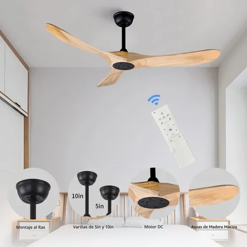 Vista 7 de Ventilador de techo de madera para interiores y exteriores de 52 pulgadas, ventilador de techo CC de 3 aspas con control remoto, 2 varillas Madera