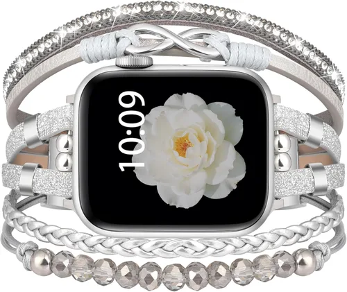Vista 8 de Pulsera con cuentas boho para Apple Watch Band de 46 mm, 40 mm, 38 mm, 41 mm, 44 mm, 42 mm, 45 mm, 49 mm para mujer, accesorios de cuero envolvente