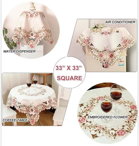 Vista 5 de LeLehome - Mantel de encaje bordado con flores cafés, color crema y beige, diseño clásico y tela que no se arruga para mesa de comedor