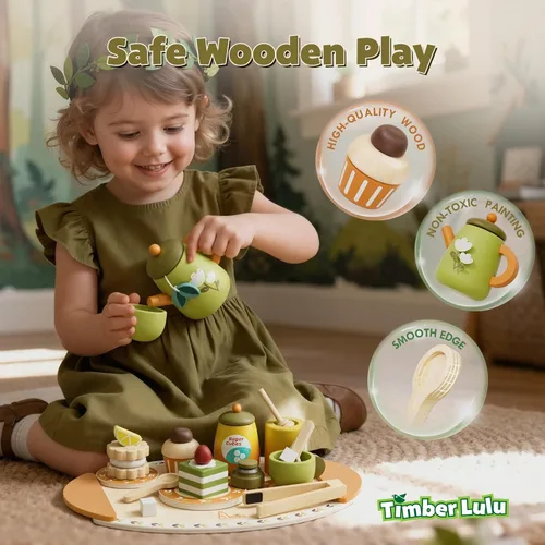 Vista 4 de Juego de té de madera para niños pequeños, juguetes de fiesta de té de simulación para niños de 3 a 5 años, regalo para niñas y niños