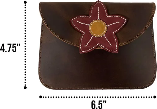 Vista 6 de Heather's, Cartera de tarjeta con flor hecha a mano de cuero de grano completo, Bourbon Marrón/Flor Roja, Classic