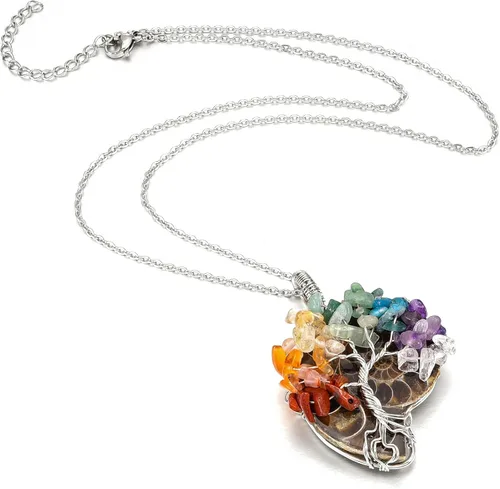 Vista 4 de Collar con dije Top Plaza 7 chacras Natural Healing, ajustable y de resina de amonita fósil, joyería para mujeres hombres.