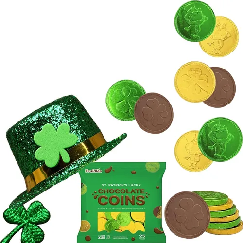 Vista 4 de Día de San Patricio, 25 monedas verdes y doradas, sin nueces, bolsa resellable Kosher (paquete de 25)