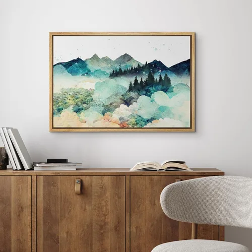 Vista 2 de wall26 Lienzo enmarcado para pared, acuarela, cordillera, bosque, naturaleza, ilustraciones de área silvestre, arte moderno, decorativo, casa