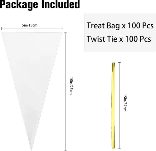Vista 2 de 100 piezas de bolsas para golosinas en forma de cono, bolsas para golosinas de celofán en forma de cono, bolsas de plástico transparente triangular