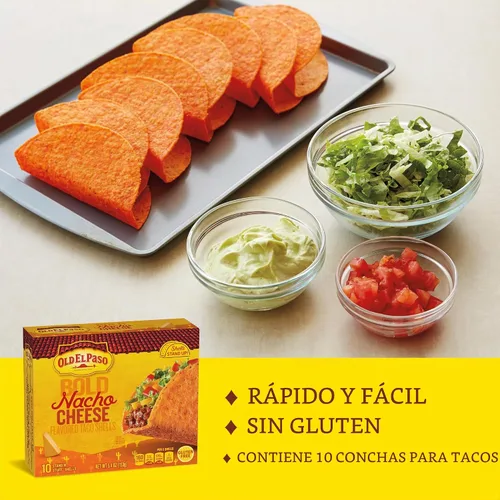 Vista 5 de Old El Paso Stand 'N Stuff Bold Nacho Cheese - Conchas de taco con sabor a queso de nacho, 10 unidades (paquete de 6)