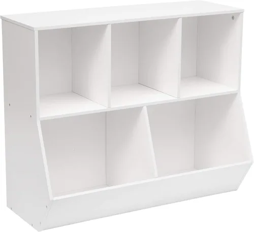 Vista 13 de HOOBRO Estantería para niños, estantería con cabecera, cubo de almacenamiento de juguetes, estantería para juguetes de niños, gabinete