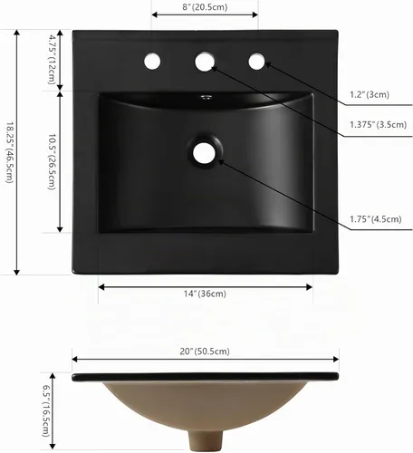 Vista 3 de JONATHAN Y - Lavabo auxiliar de 20 pulgadas para baño, 3 agujeros, color negro